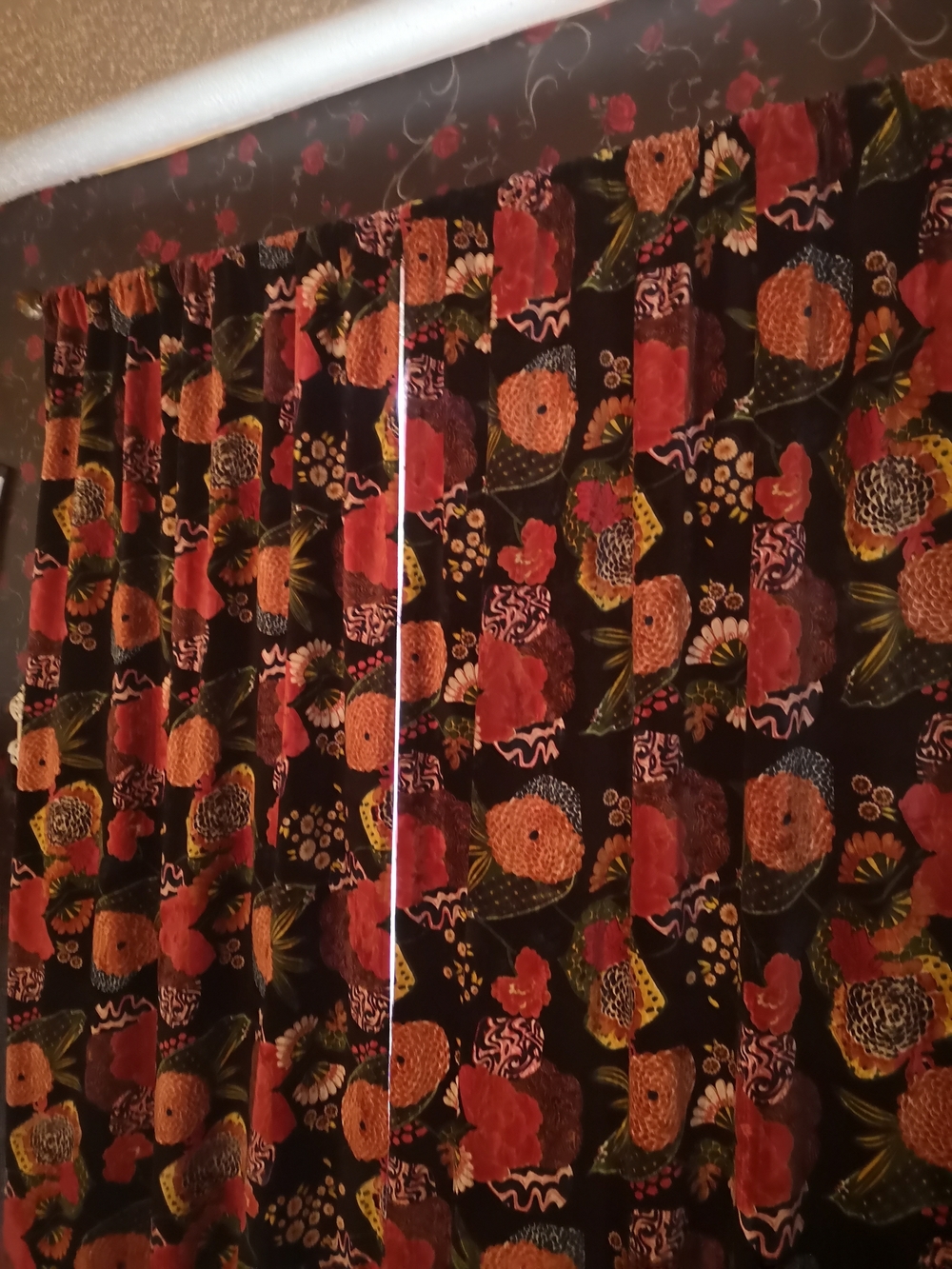Plush Floral Velvet Black Curtains with Red and Orange Accents